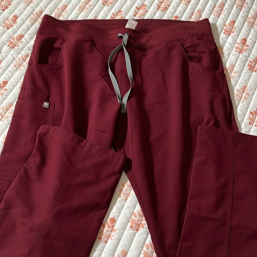Figs Women's Kade Cargo Scrub Pants in Burgundy with Gray Drawstring